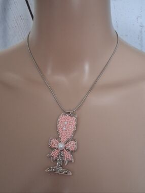 Pink Beaded Bow Champagne Glass Pendant Necklace - Women Jewelry